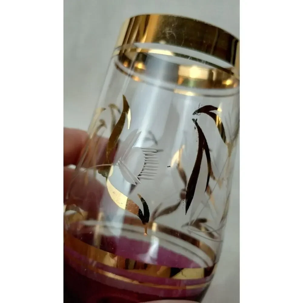 Vintage Glass Pitcher and Two Glasses - Etched - Cracked - Display Only